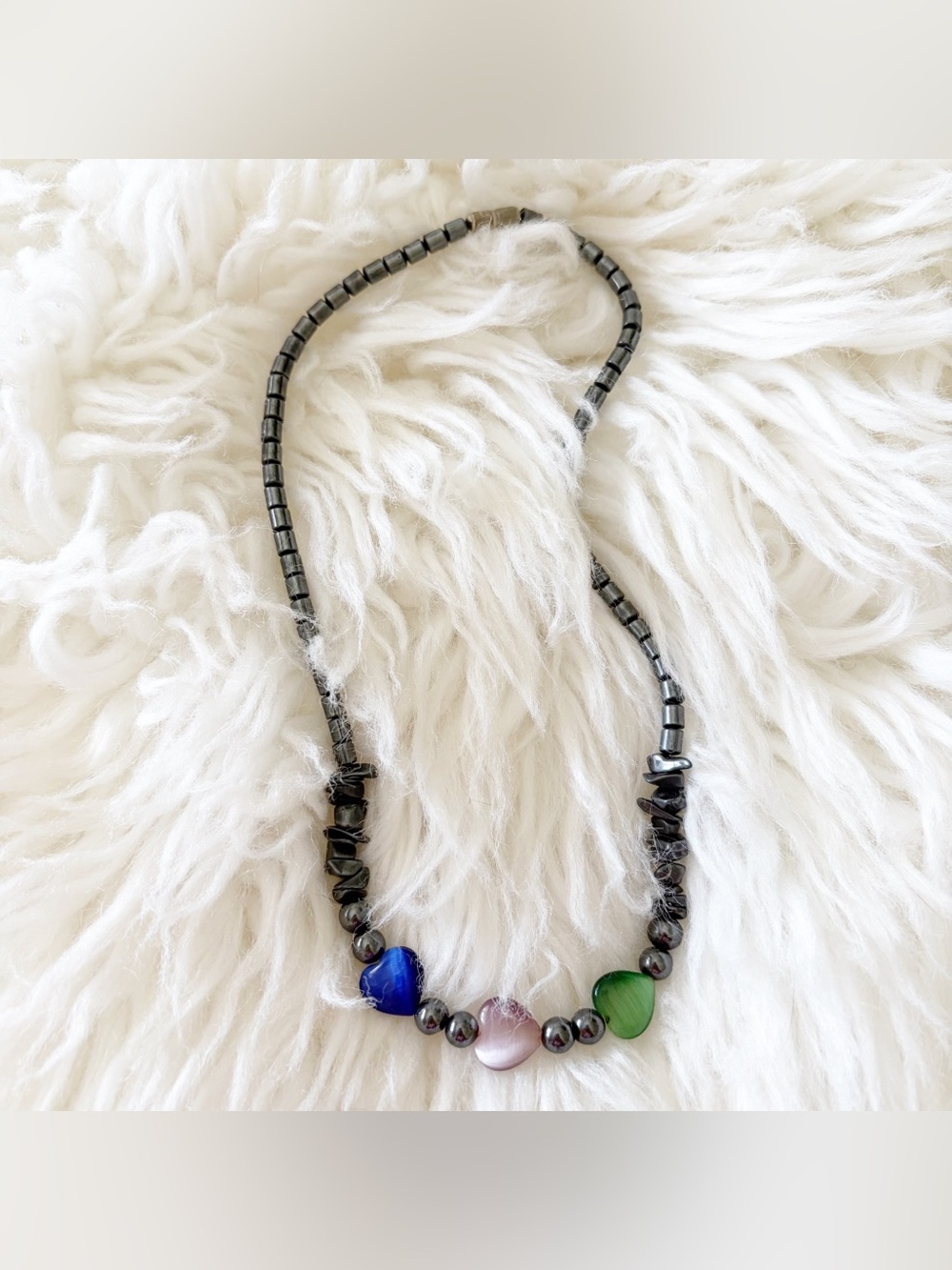 Boho Hematite & Mixed Gemstone Heart Pendant Necklace Barrel Clasp